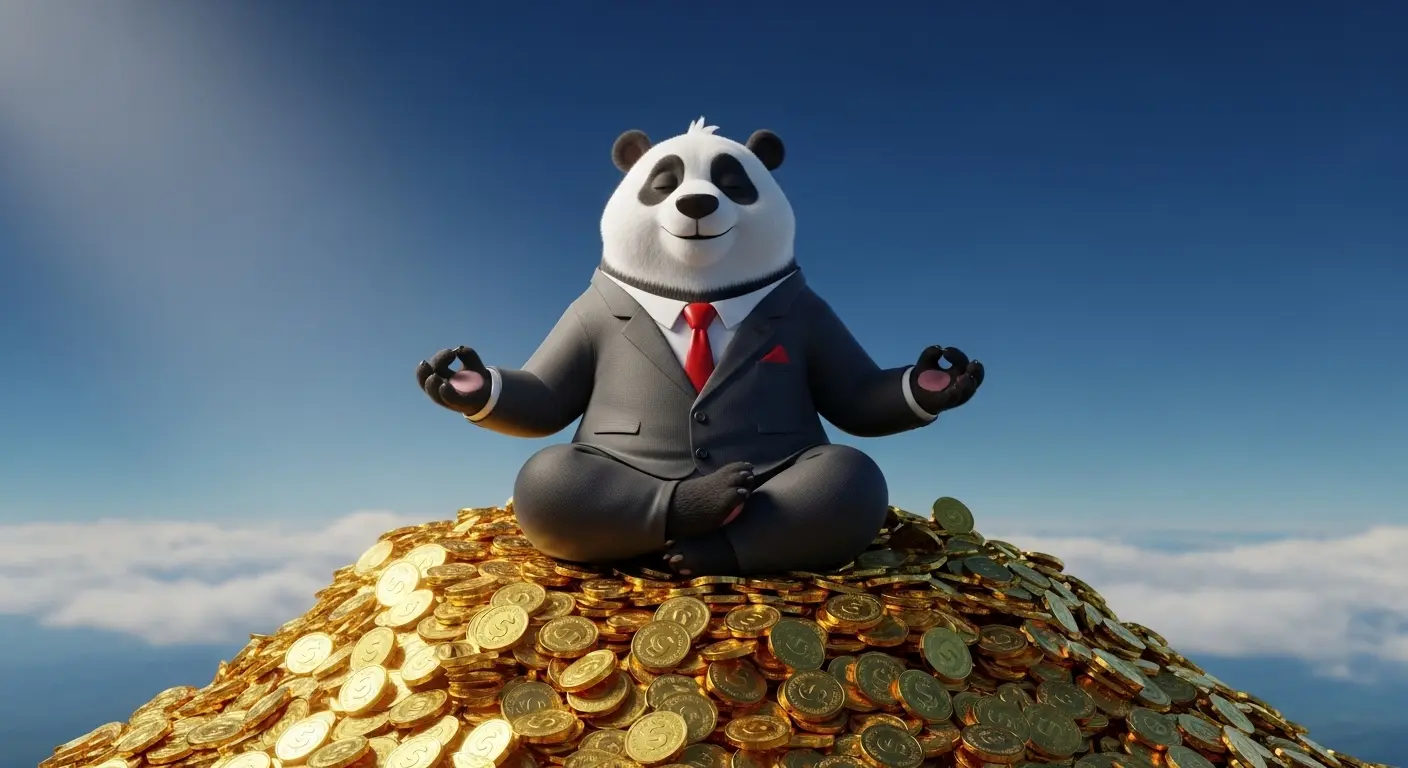 Panda exitoso con traje de negocios sentado sobre una montaña de monedas de oro en una postura de serenidad absoluta.
