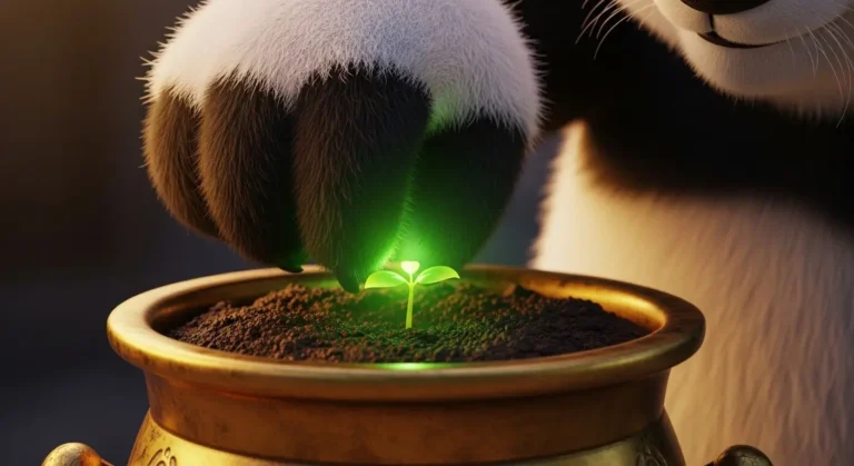 Primer plano de una mano de panda sembrando un brote verde brillante en una maceta de oro, simbolizando el cuidado de la salud mental como inversión