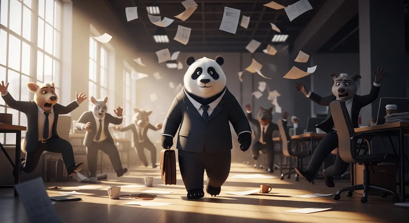 Panda profesional caminando con calma y enfoque total a través de una oficina llena de caos y personas corriendo a su alrededor