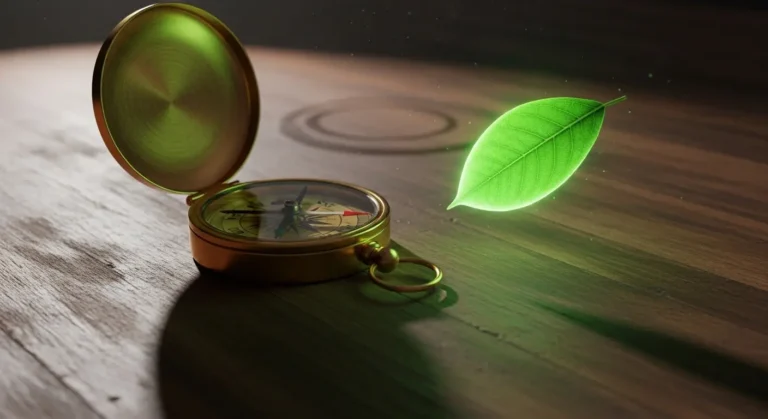 Brújula sobre un escritorio de madera cuya aguja apunta hacia una hoja verde luminosa en lugar del norte, representando la prioridad de la salud