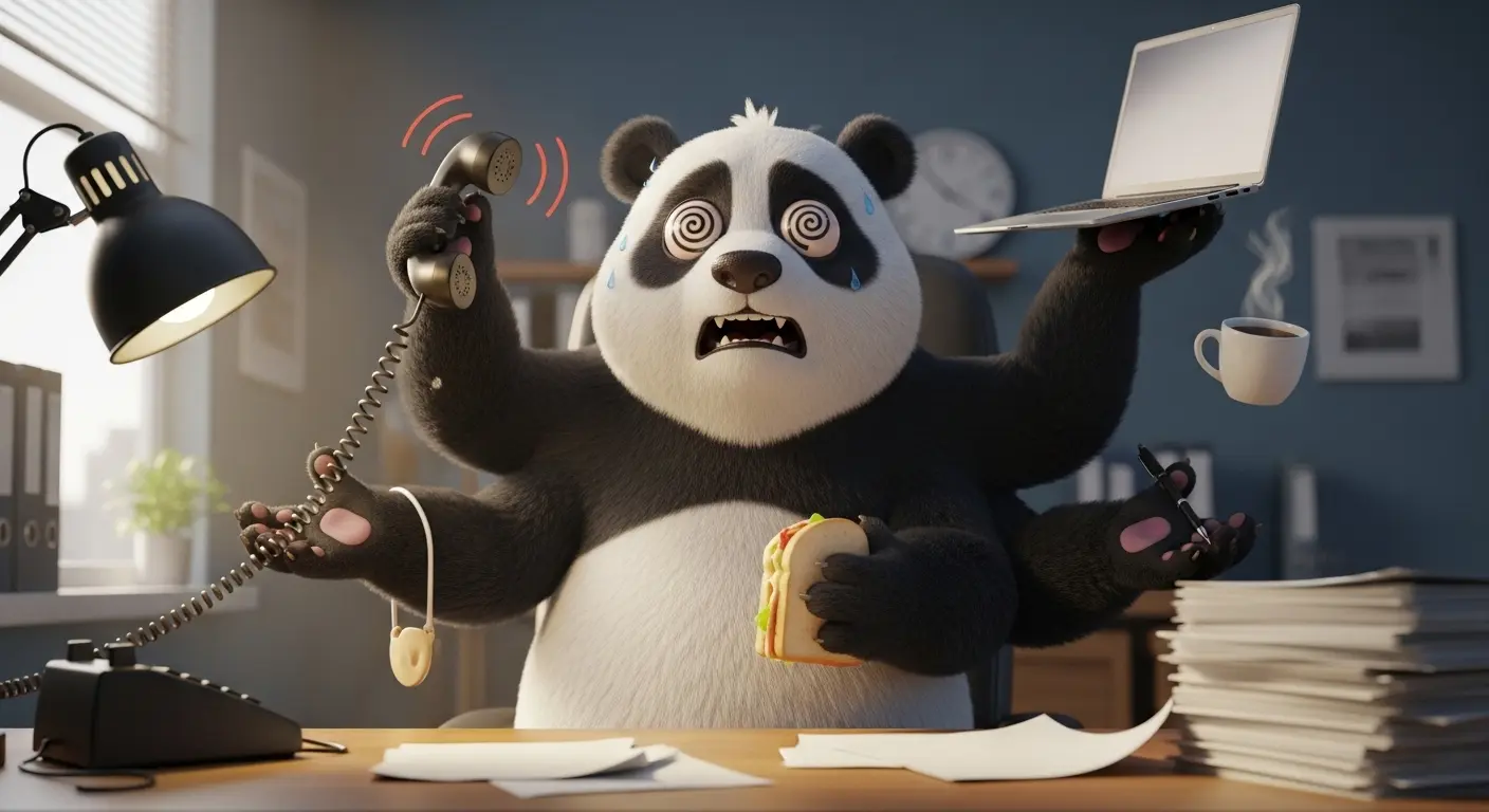 Panda abrumado intentando hacer seis tareas a la vez en la oficina, metáfora de multitasking fallido