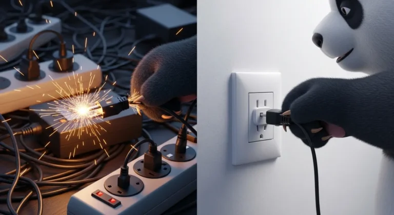 Cable sobrecargado echando chispas siendo desconectado por un panda, metáfora de enfoque único