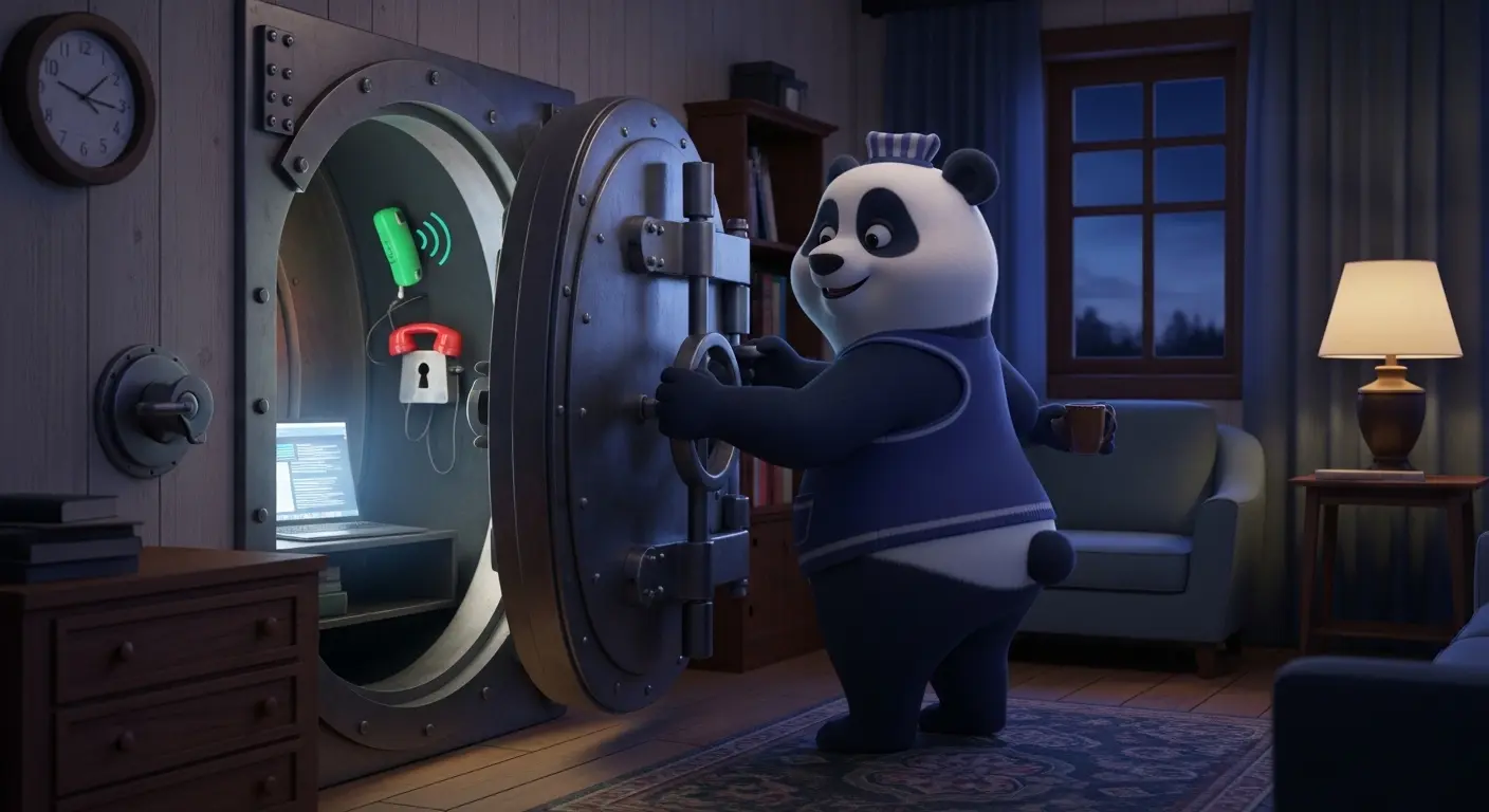 Maestra Panda encerrando la tecnología laboral en una bóveda para poder descansar en casa.