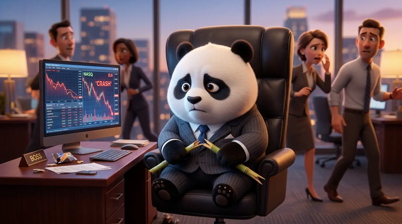 Panda líder protegiendo su oficina con un bastón de bambú brillante frente a una multitud de humanos estresados