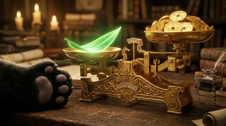 Primer plano 3D de una pata de panda pachoncita junto a una balanza donde el bambú pesa más que el oro