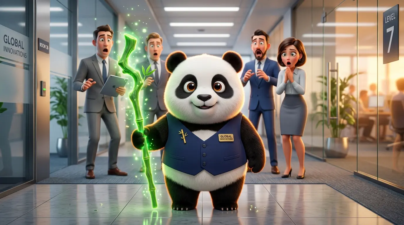Render 3D de un panda chaparro y aterciopelado con traje, sosteniendo un bambú roto en una oficina de humanos estilizados
