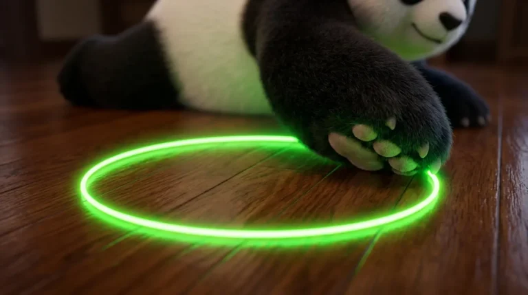 Mano de panda dibujando un círculo de luz verde alrededor de su silla de oficina para marcar sus límites