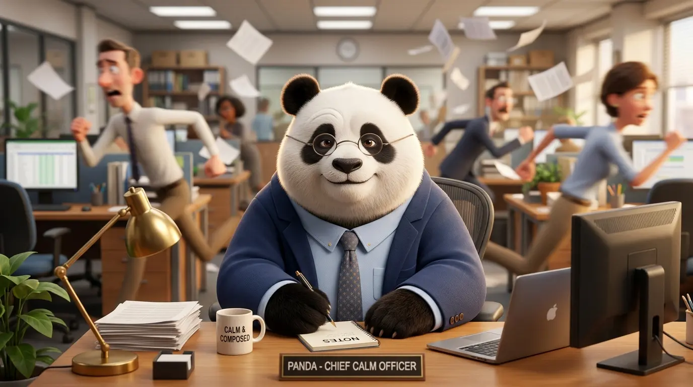 Panda adulto chaparro y robusto manteniendo la calma mientras humanos corren estresados al fondo