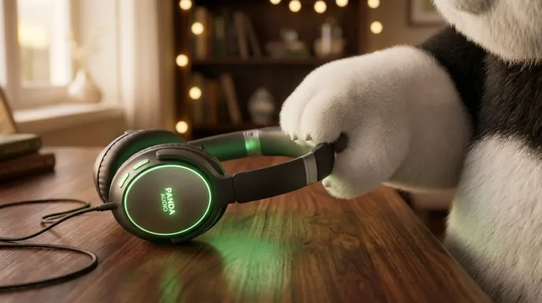 Pata de panda pachoncita colocando audífonos elegantes sobre un escritorio para evitar el ruido