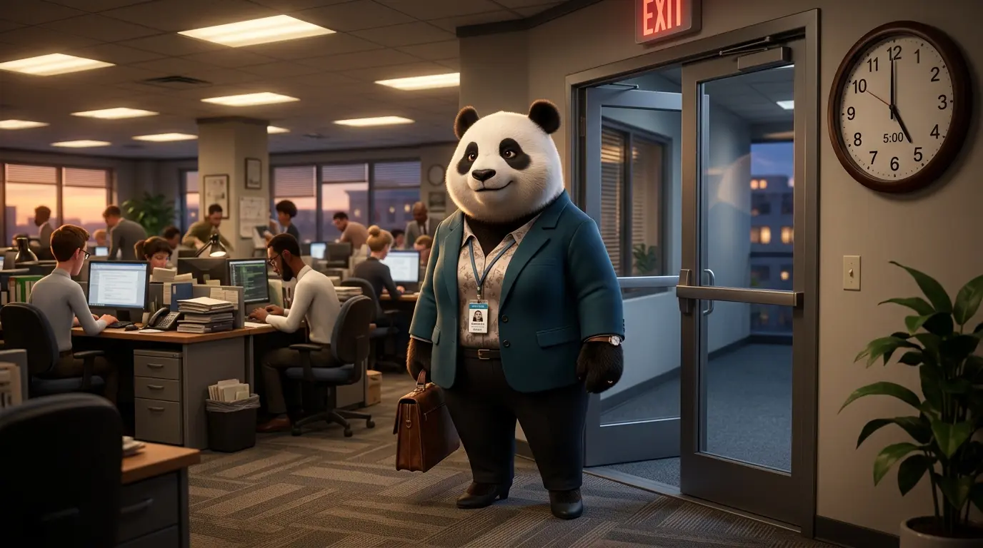 Panda líder adulta saliendo de la oficina a tiempo mientras los humanos siguen trabajando bajo estrés