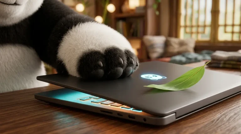 Pata de panda redondita cerrando una laptop con firmeza para marcar el fin de la jornada