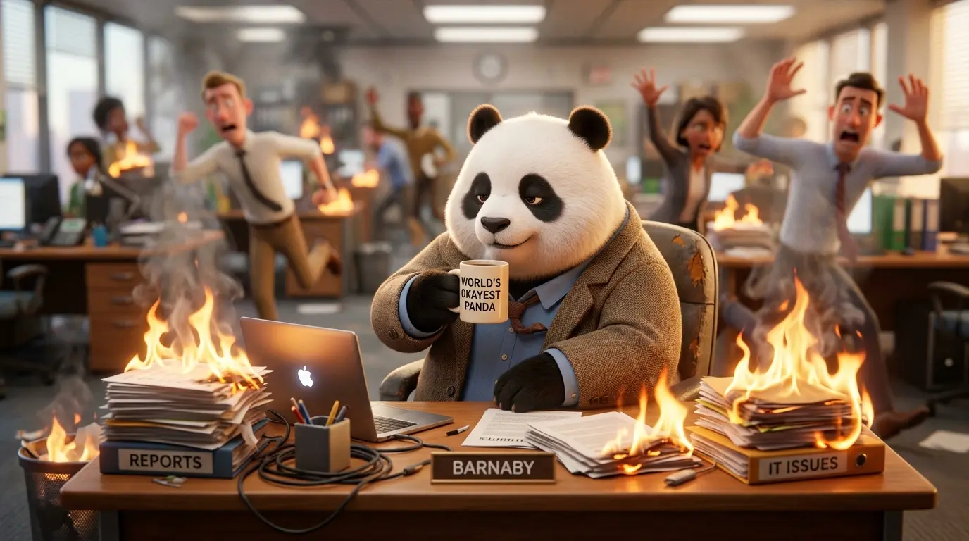 Panda adulto chaparro e indiferente bebiendo café mientras su escritorio se incendia, metáfora de la ceguera de estrés