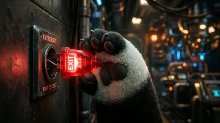 Pata de panda pachoncita desconectando un enchufe de emergencia rojo brillante