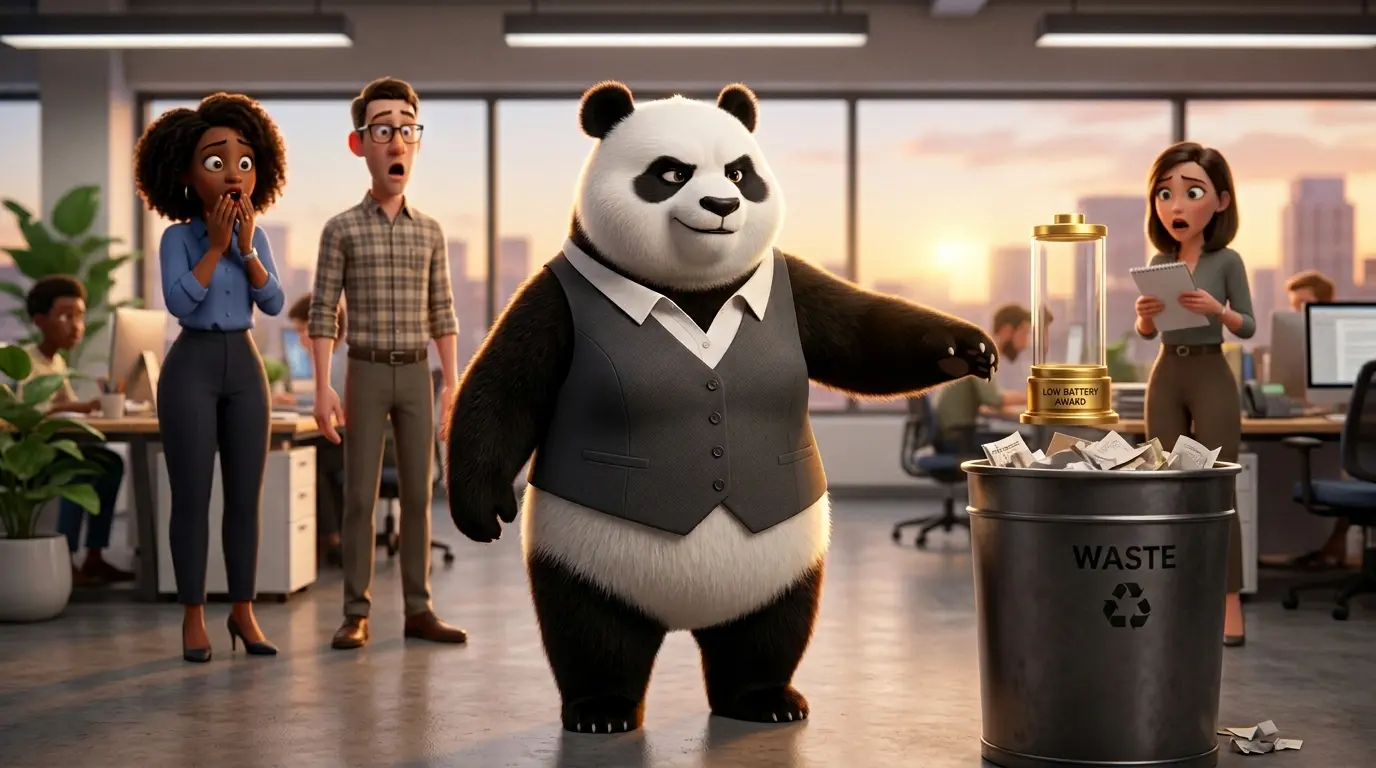 Panda líder adulta tirando a la basura un trofeo en forma de batería vacía, rechazando el burnout como logro. 