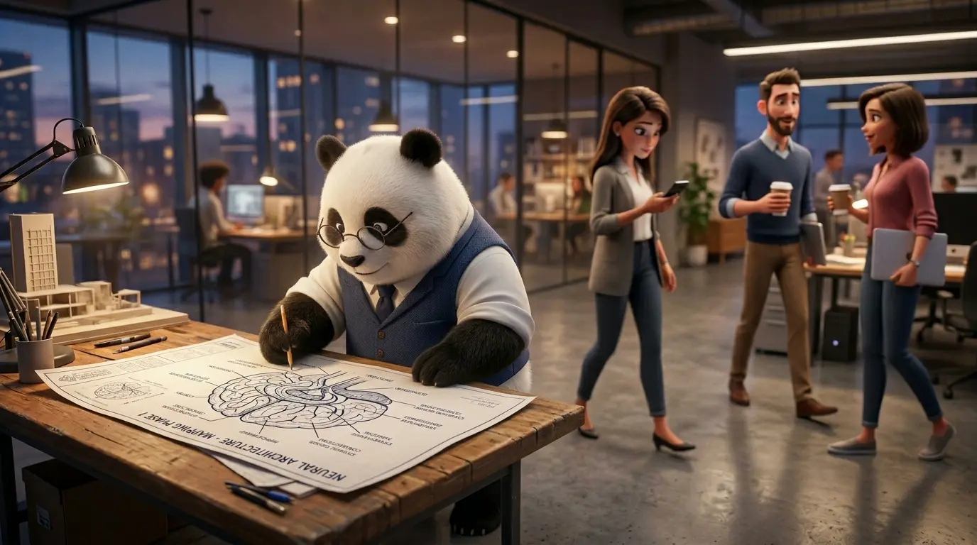 Panda profesional robusto analizando un plano que es en realidad una estructura cerebral en una oficina de humanos.