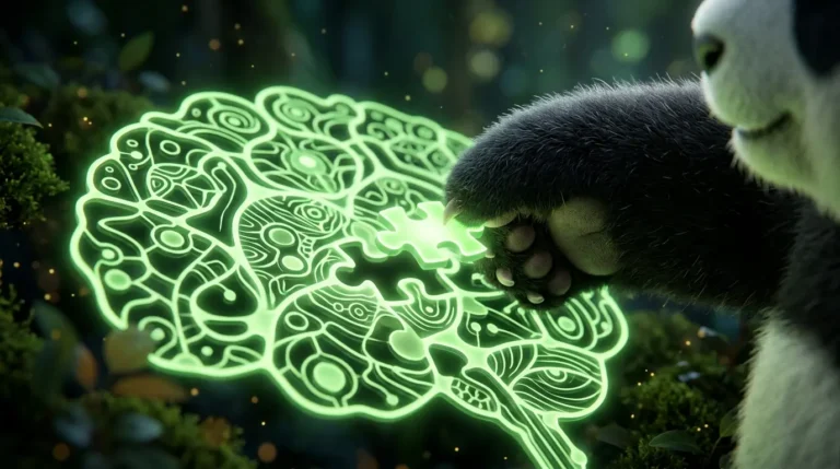 Primer plano de una pata de panda pachoncita encajando una pieza en un rompecabezas de luz verde neón.