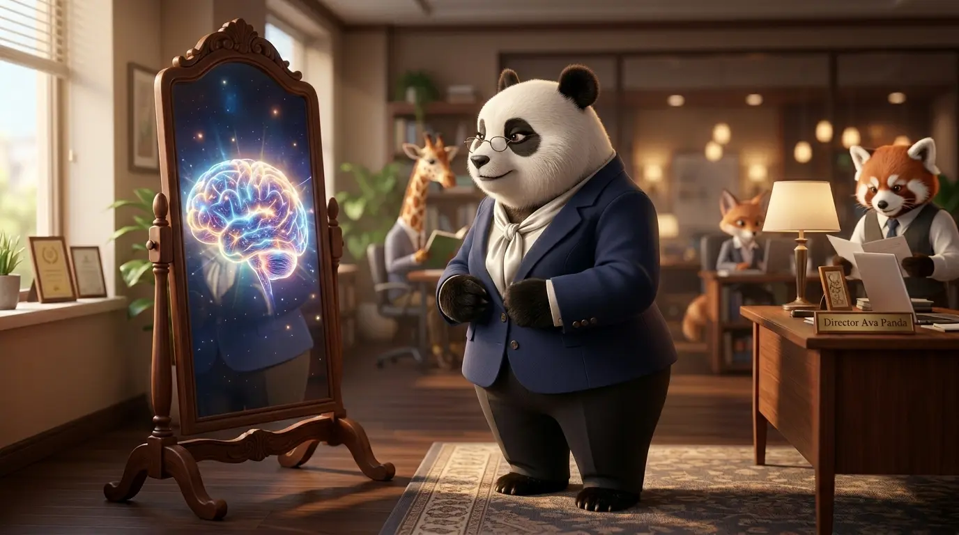 Panda líder adulta frente a un espejo que refleja un cerebro brillante y armónico.
