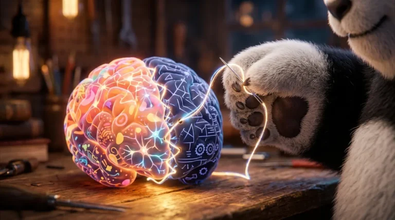 Pata de panda regordeta cosiendo con hilo de luz dos partes de un cerebro.