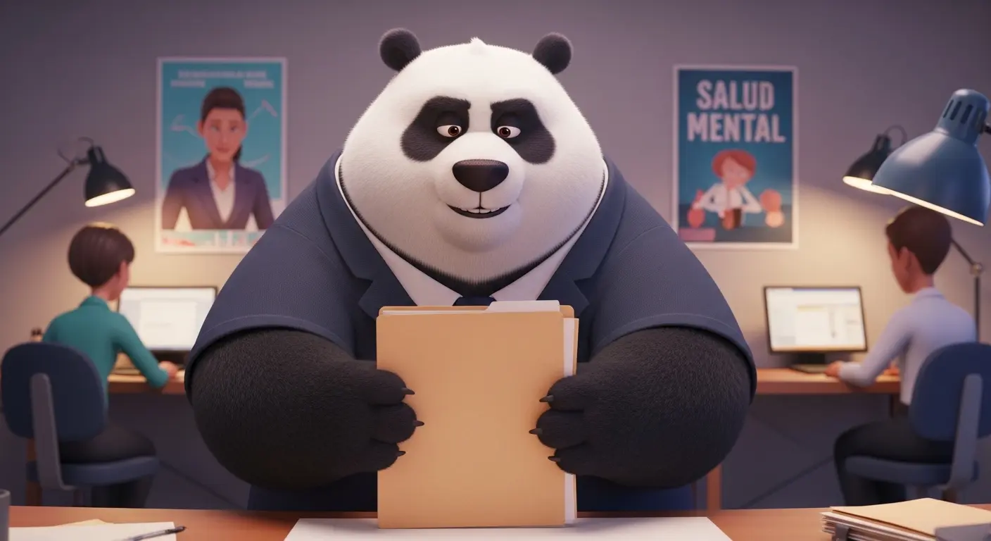 Panda profesional robusto cerrando una carpeta frente a un cartel de salud mental en una oficina de humanos estilizados.