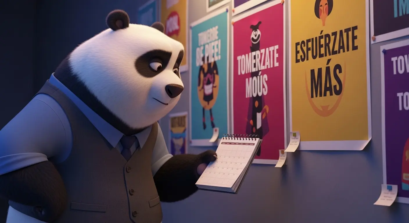Panda líder adulta mirando con escepticismo carteles motivacionales mientras sostiene un calendario práctico.