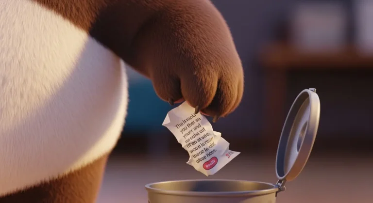 Pata de panda regordeta tirando a la basura un papel arrugado con una frase motivacional.