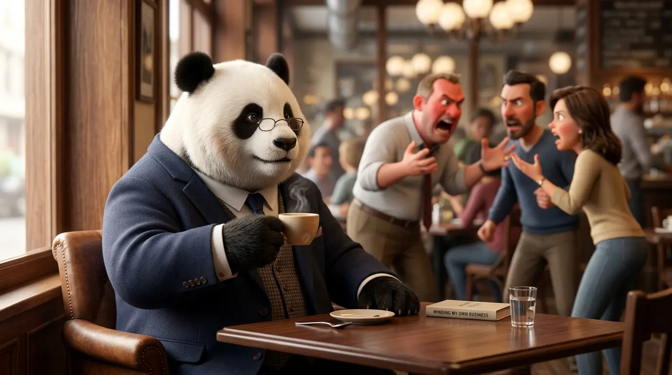 Panda ejecutivo robusto bebiendo café con total calma, ignorando un conflicto entre humanos que ocurre al fondo.