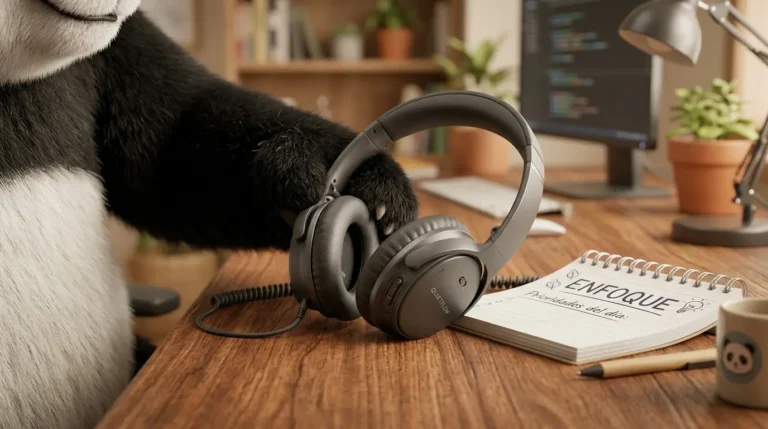 Pata de panda colocando unos auriculares de cancelación de ruido sobre un escritorio, simbolizando la prioridad en el trabajo.