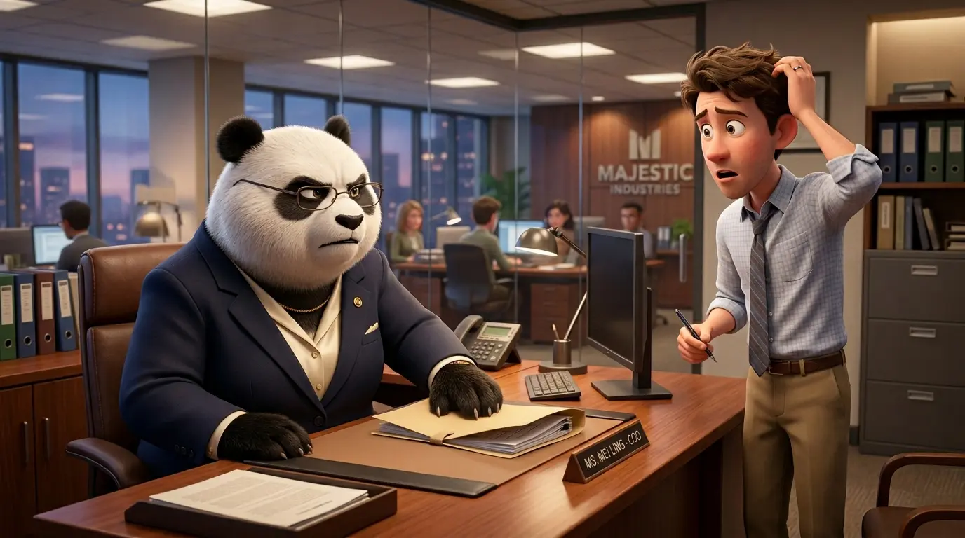 Panda ejecutiva cerrando un expediente con firmeza, manteniendo una distancia profesional ante un empleado confuso.