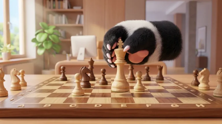 Pata de panda moviendo una pieza de ajedrez en un tablero, simbolizando una estrategia profesional ante el conflicto.