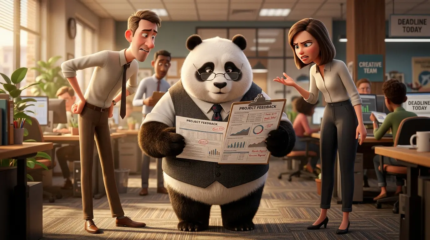 Panda profesional robusto analizando un formulario de evaluación frente a humanos estilizados impacientes.