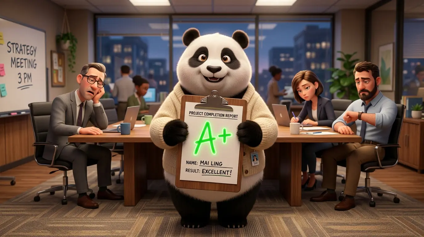 Panda líder adulta sosteniendo un portapapeles con una calificación excelente, ignorando la aburrida reacción de sus jefes humanos
