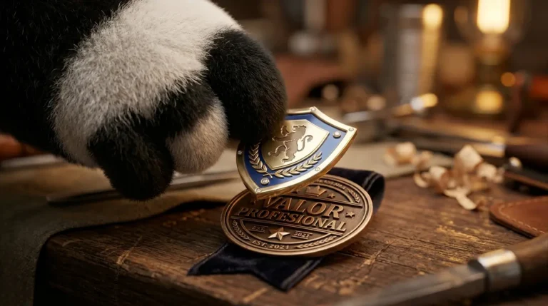 Pata de panda regordeta colocando un escudo protector sobre una insignia que dice "VALOR PROFESIONAL".