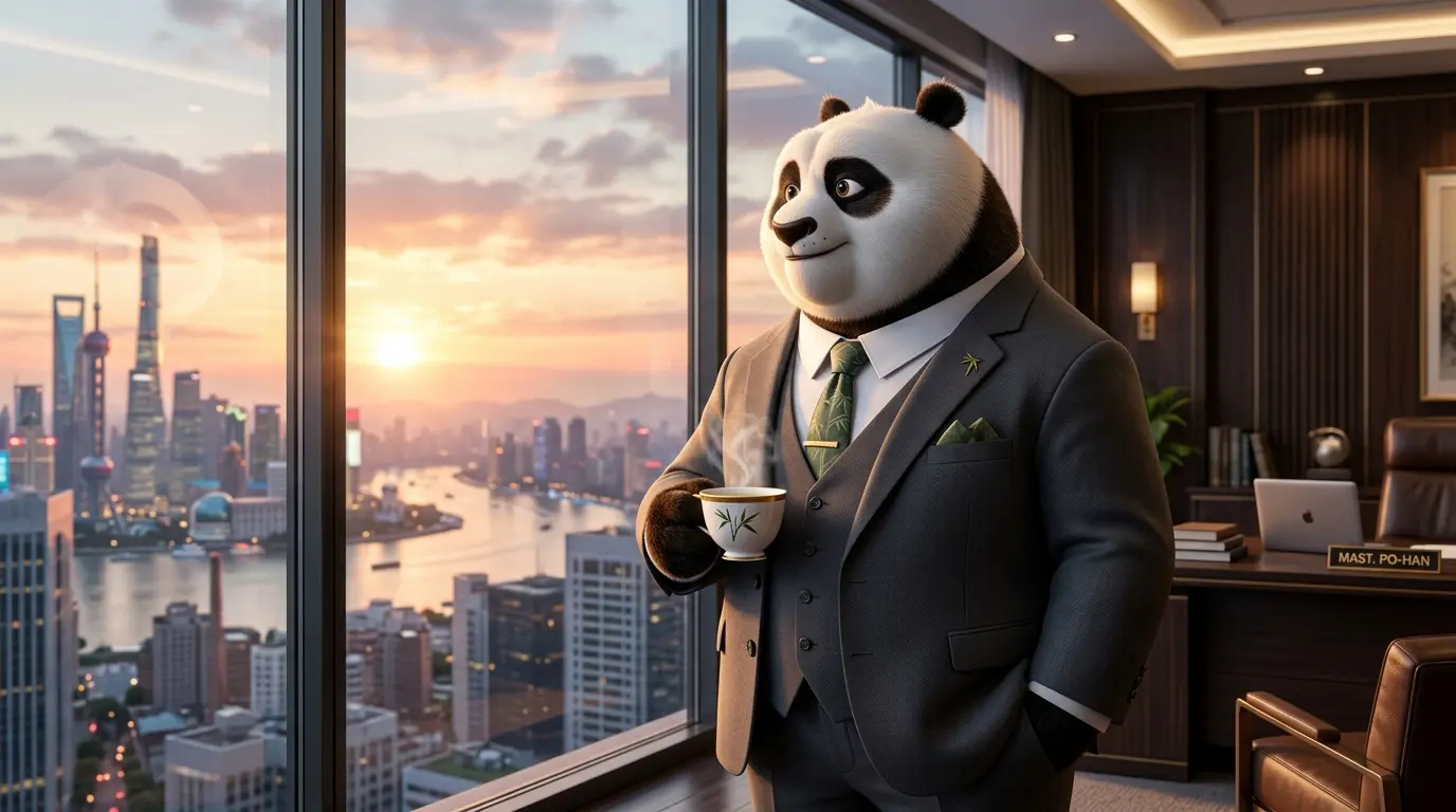 Panda ejecutivo robusto observando el amanecer desde una oficina moderna, proyectando serenidad y éxito profesional.