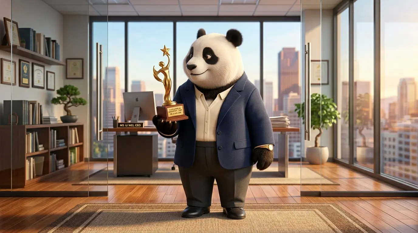 Panda ejecutiva robusta de pie frente a un trofeo en su oficina, proyectando firmeza y equilibrio emocional.