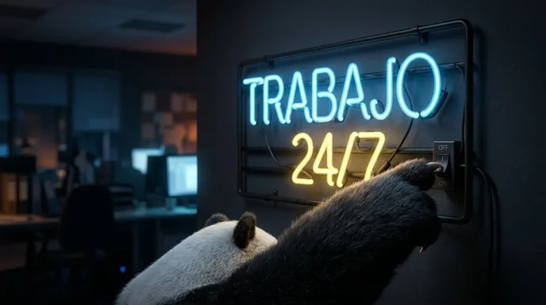 Pata de panda apagando un letrero de neón que simboliza la cultura de trabajo excesivo.