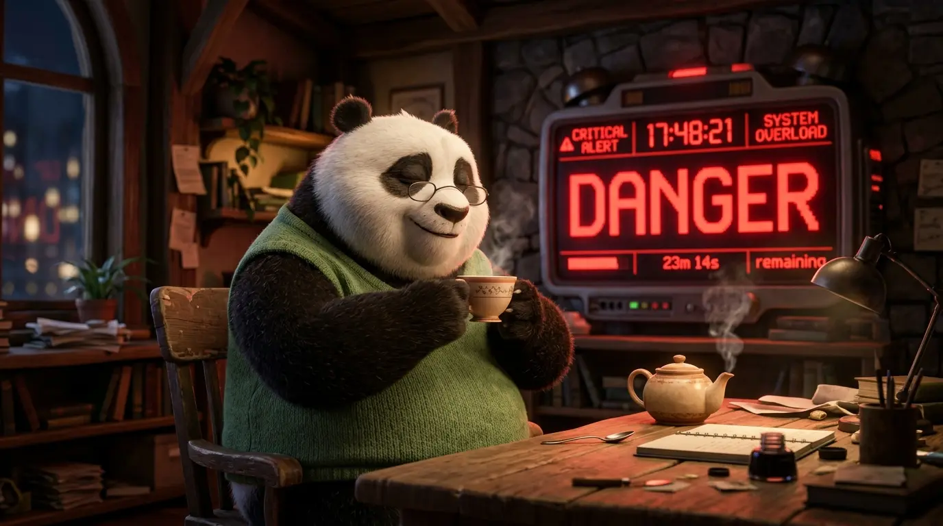 Panda robusto sentado en su escritorio, manteniendo la calma absoluta mientras un reloj digital de fondo marca una señal de alarma.