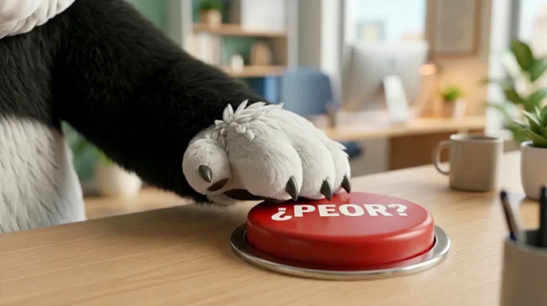 Pata de panda presionando un botón brillante con la pregunta "¿PEOR?" para activar la calma.