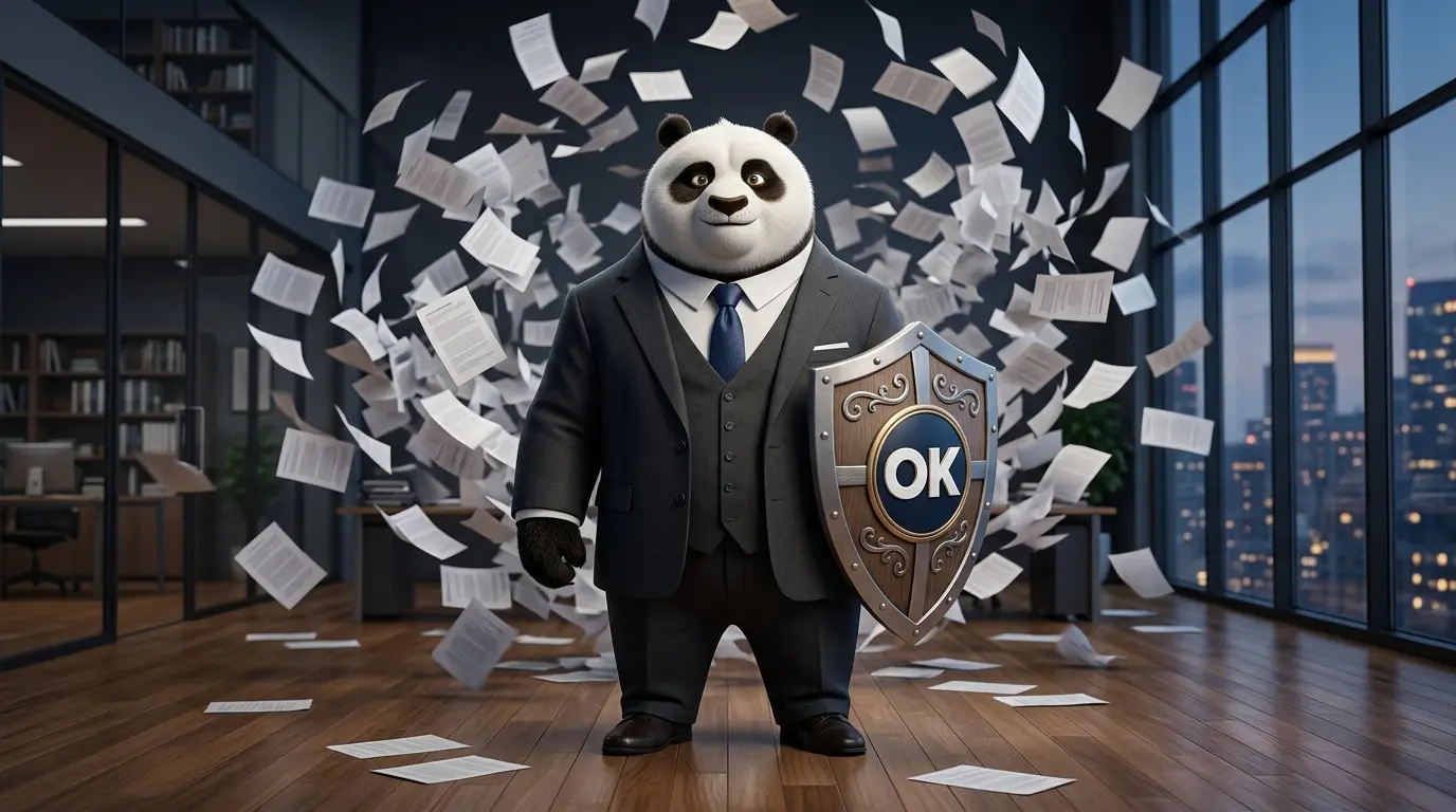 Panda ejecutivo robusto sosteniendo un escudo de calma, permaneciendo imperturbable ante un torbellino de papeles de oficina.