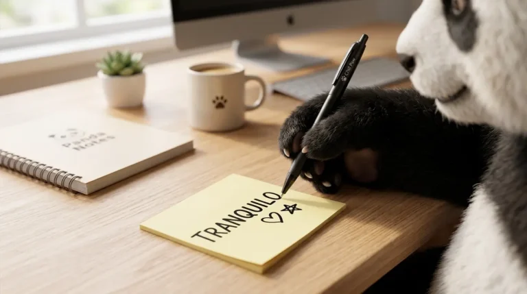 Pata de panda escribiendo la palabra "TRANQUILO" en un post-it, simbolizando una instrucción directa para el autocontrol.