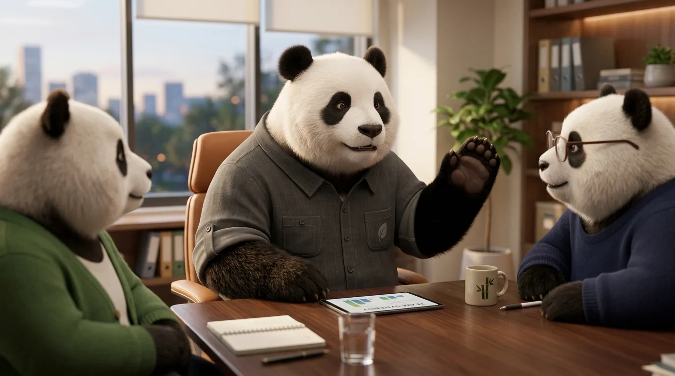 Panda robusto en reunión de oficina levantando la pata con calma, representando gestión sana de conflictos laborales.
