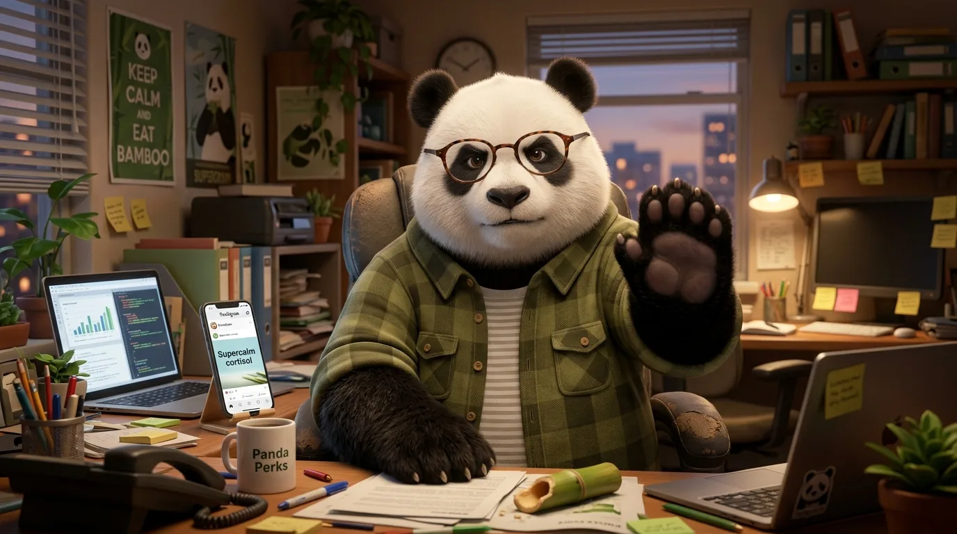 Panda robusto en oficina desordenada con una pata alzada diciendo alto, frente a un post falso de redes sociales, representando el rechazo a las tendencias de calma forzada.