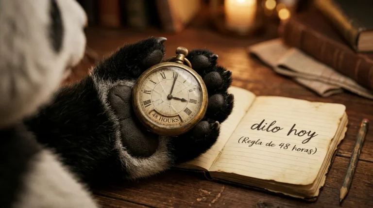 Pata de panda sosteniendo un reloj roto y una libreta con la frase dilo hoy, simbolizando la regla de 48 horas para resolver conflictos.