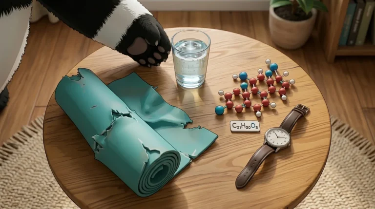 Vista cenital de una mesa con una estera rota, una molécula de cortisol de plastilina y una pata de panda colocando agua, simbolizando acción real frente a promesas vacías.