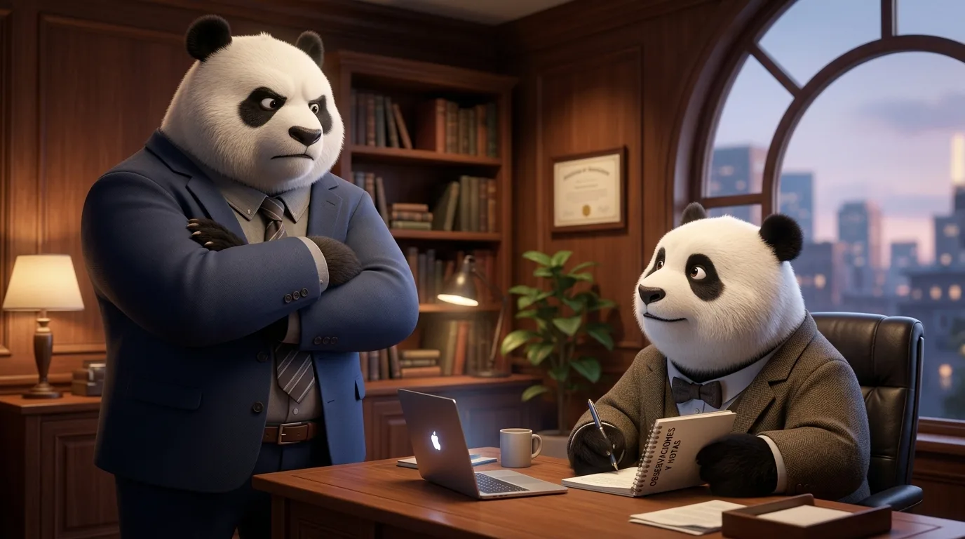 Dos pandas en oficina, uno de pie con brazos cruzados y otro sentado con libreta, simbolizando respuesta calmada ante una figura de autoridad.