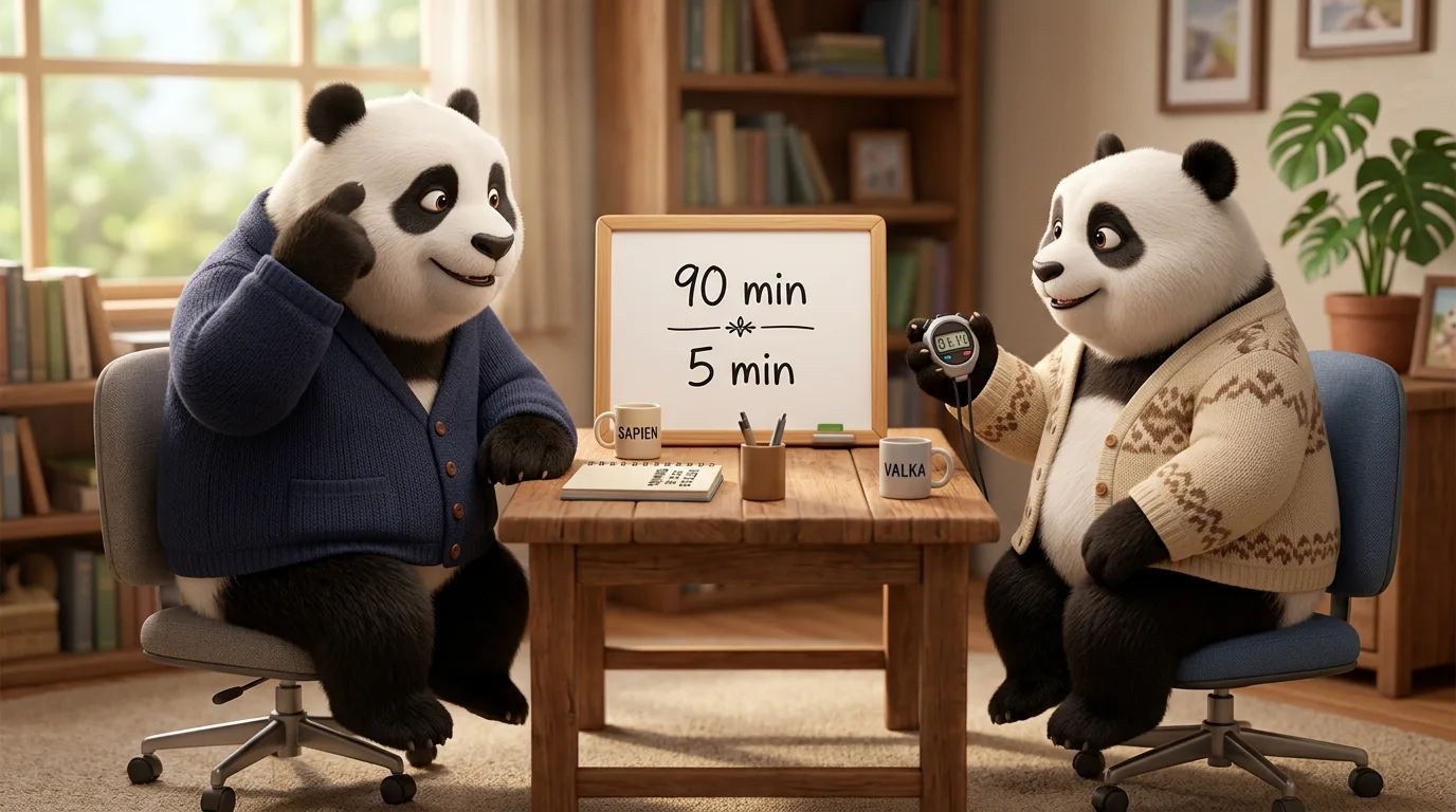 Dos pandas robustos en sillas de oficina, uno señala su cabeza y otro tiene un cronómetro, simbolizando ritmo laboral saludable y gestión activa del cortisol.