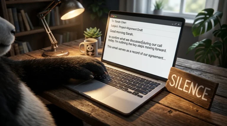 Pata de panda escribiendo un correo profesional en una laptop con un cartel de silencio al lado, representando la estrategia de poner límites por escrito.