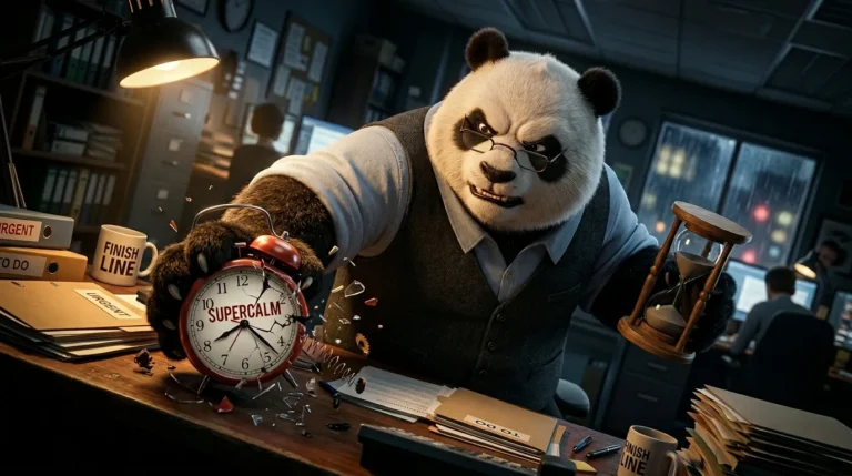 Panda adulto en ángulo holandés rompiendo un despertador con la palabra supercalm y sosteniendo un reloj de arena, representando el rechazo a la calma forzada y la defensa del tiempo real.