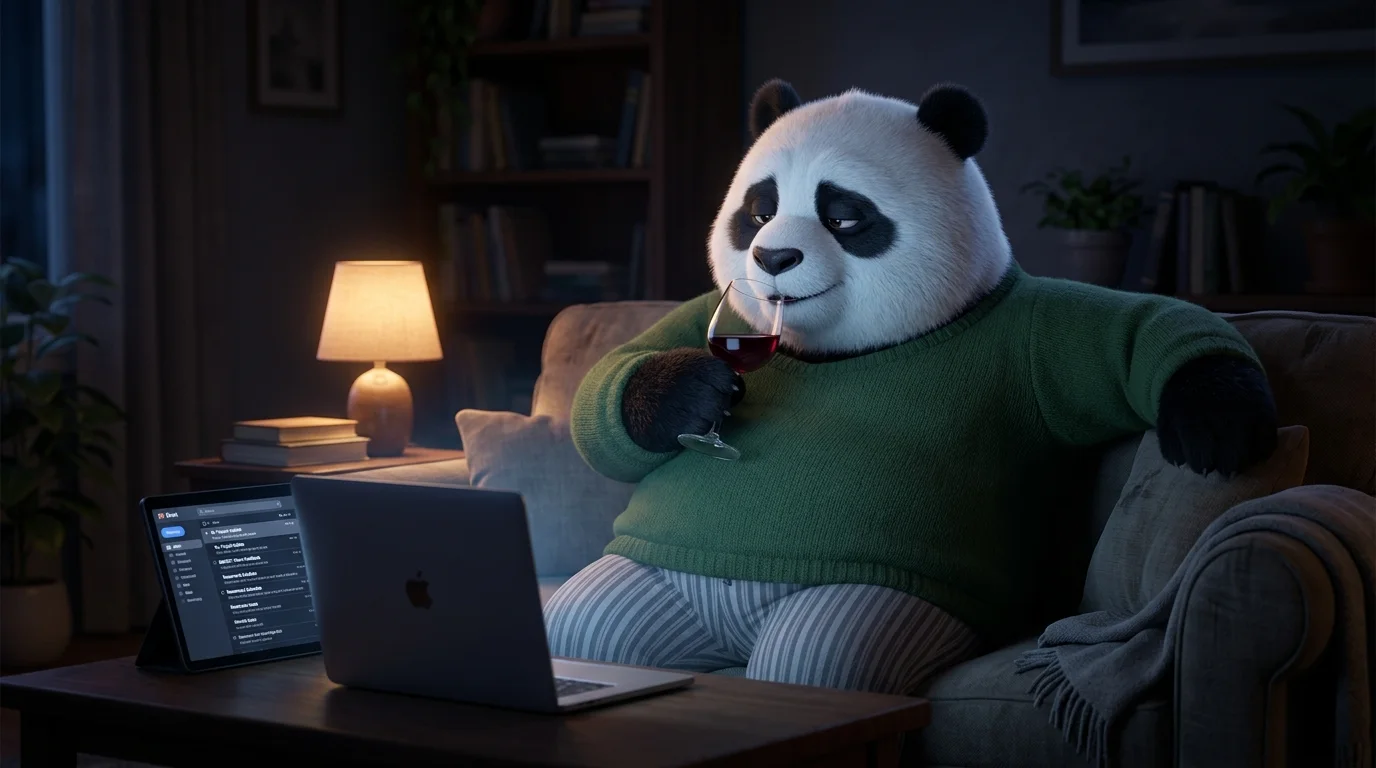 Panda robusto en su casa después del trabajo, sosteniendo una copa de vino frente a una laptop encendida, representando el alcohol como recompensa después de jornada laboral.