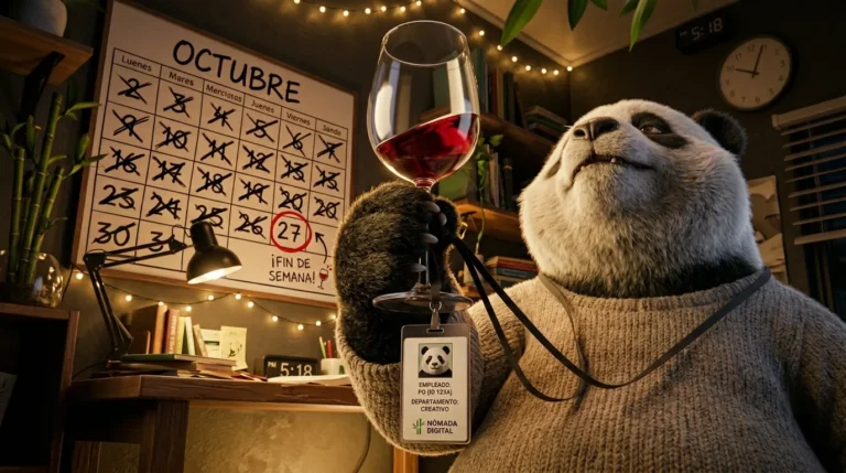 Pata de panda sosteniendo una copa de vino con un gafete de trabajo colgando, simbolizando la mezcla entre vida laboral y consumo de alcohol.