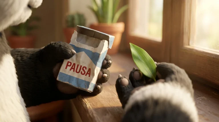 Dos patas de panda, una con un paquete de cigarrillos arrugado y otra con una hoja verde, simbolizando la elección entre pausa falsa y pausa real.
